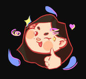 Desenho feito à minha imagem; Fundo preto com formas que simulam gotículas de àgua, espiral, coração e brilho, enfatizando cores roxas, azuis e amarelo. Uma cabeça de uma menina branca com cabelo médio castanho e uma mão fazendo joinha flutuando no centro