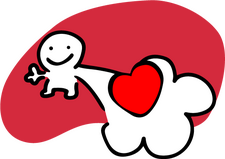 Forma geométrica arredondada vermelha de fundo e um boneco na frente dela com uma carinha feliz entregando um coração com a mão mais próxima da tela.