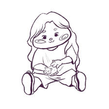 Desenho de uma menina, criada a partir da imagem da Sana do grupo de kpop twice, sentada e fazendo carinho em um hamster (animal que representa a cantora).